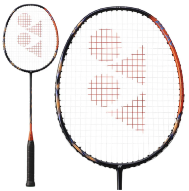 Badminton racket with a black frame and red logo design on the strings.